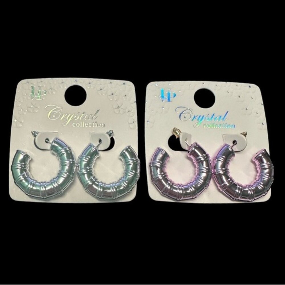 LP Crystal Collection Metallic Hoop Earrings In Iridescent Pink & Green Finish